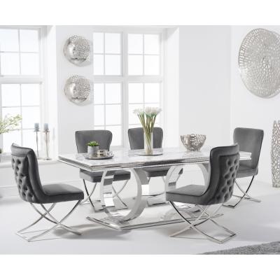 Oak&More Harlow 180cm Marble Dining Table with Giovanni Velvet Chairs - Grey, 6 Chairs