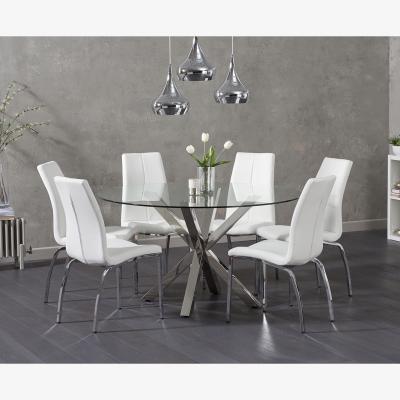 Oak&More Rio Round Glass Dining Table With 6 Ivory White Cavello Chairs