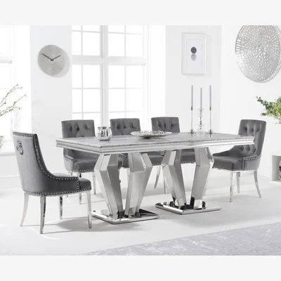 Oak&More Viscount 180cm Marble Dining Table With 8 Grey Sienna Velvet Chairs