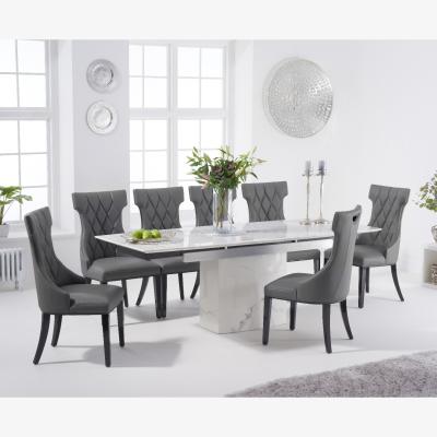 Oak&More Metropolis 160cm Extending White Marble Dining Table With 8 Grey Freya Chairs