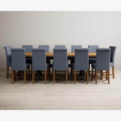 Oak&More Extending Olympia 180cm Oak and Dark Blue Painted Dining Table with 12 Blue  Chairs