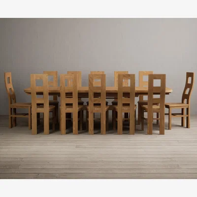 Oak&More Extending Olympia 180cm Solid Oak Dining Table with 12 Charcoal Grey Natural Chairs