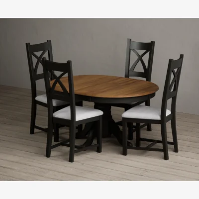 Oak&More Extending Hertford 100cm - 130cm Oak and Black Painted Pedestal Dining Table with 4 Light Grey Painted Chairs
