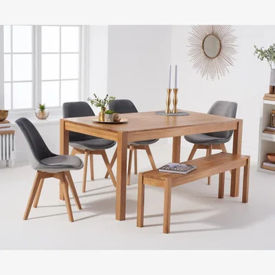 Oak&More York 150cm Solid Oak Dining Table With 2 Grey Orson Velvet Chairs And 1 Bench