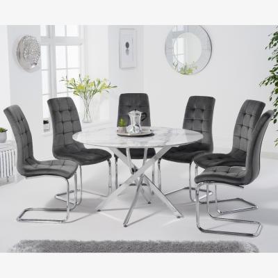 Oak&More Carter 120cm Round White Marble Table With 6 Grey Lorin Velvet Chairs