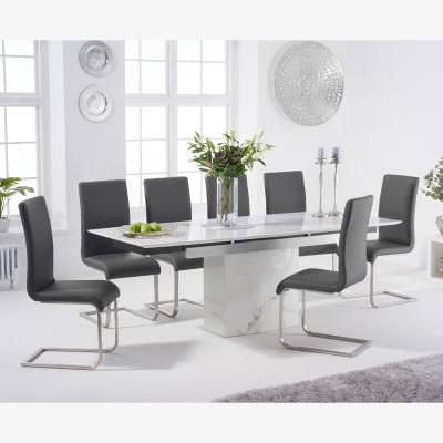 Oak&More Metropolis 160cm Extending White Marble Dining Table With 6 Grey Malaga Faux Leather Chairs