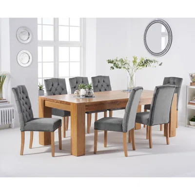 Oak&More Thames 220cm Oak Dining Table with Claudia Velvet Chairs - Blue, 6 Chairs