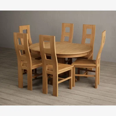 Oak&More Extending Hertford 100cm - 130cm Solid Oak Pedestal Dining Table with 6 Oak Natural Chairs