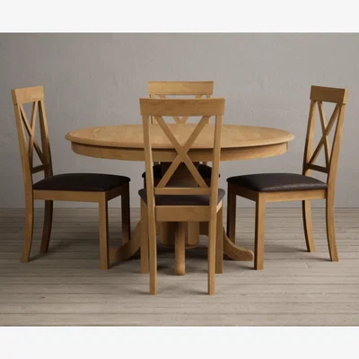Oak&More Hertford 120cm Solid Oak Round Pedestal Table With 6 Linen Hertford Chairs