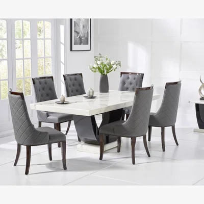 Oak&More Raphael 200cm White and Black Pedestal Marble Dining Table with 6 Grey Francesca Chairs