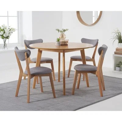 Oak&More Sacha 110cm Round Dining Table with Sacha Grey and Oak Cushion Seat Chairs - Oak and Grey, 2 Chairs