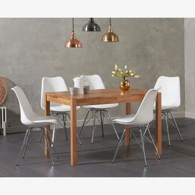 Oak&More Oxford 120cm Solid Oak Dining Table With 4 Light Grey Celine Chrome Leg Chairs