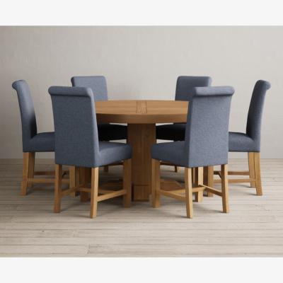 Oak&More Helmsley 150cm Round Oak Dining Table with 4 Natural Scroll Back Chairs