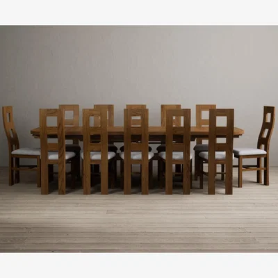 Oak&More Extending Atlas 180cm Rustic Solid Oak Dining Table with 12 Blue Rustic Solid Oak Flow Back Chairs