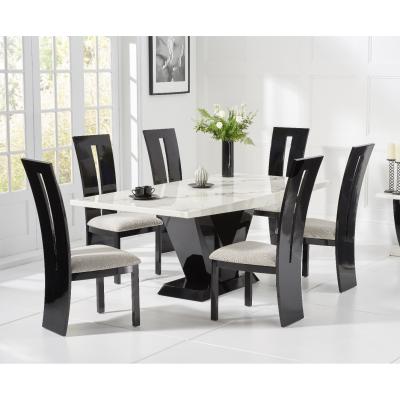 Oak&More Verbier 200cm White V Pedestal Marble Dining Table with Verbier Chairs