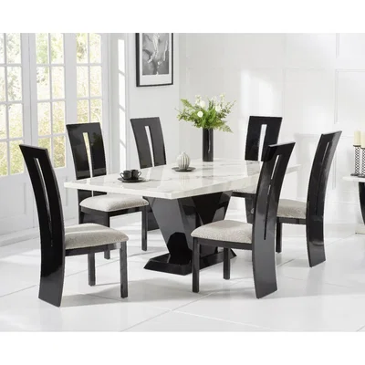Oak&More Verbier 200cm White V Pedestal Marble Dining Table with Verbier Chairs