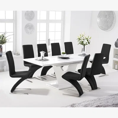 Oak&More Extending Vittorio 160cm White High Gloss Dining Table With 10 Black Aldo Faux Leather Chairs
