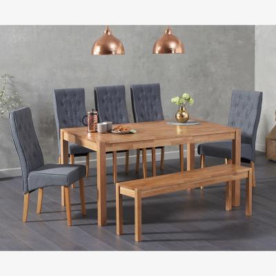 Oak&More Oxford 150cm Solid Oak Dining Table With 2 Grey Juliette Fabric Chairs and 1 Oak Oxford Benches