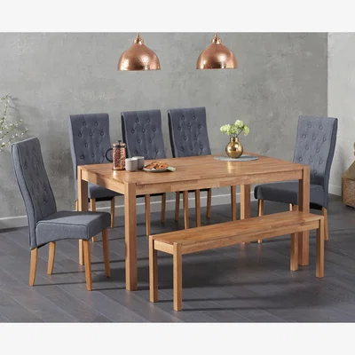 Oak&More Oxford 150cm Solid Oak Dining Table With 2 Grey Juliette Fabric Chairs and 1 Oak Oxford Benches