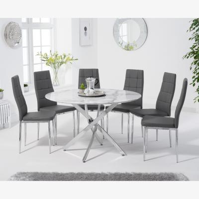 Oak&More Carter 120cm Round White Marble Table With 6 Grey Catalina Chairs