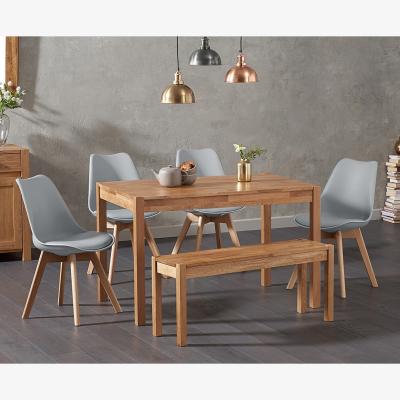 Oak&More York 120cm Solid Oak Dining Table With 4 Light Grey Orson Faux Leather Chairs And 1 York Bench