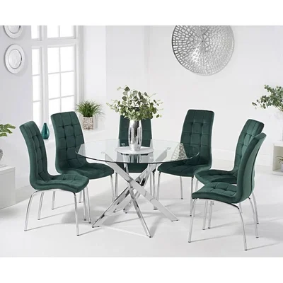 Oak&More Ex-display Denver 110cm Glass Dining Table with 4 GREEN Calgary Velvet Chairs