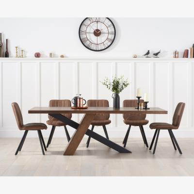 Oak&More Montana 180cm Black Leg Industrial Dining Table With 8 Brown Hendrick Faux Leather Dining Chairs