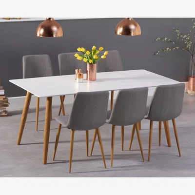 Oak&More Malmo 180cm Matt White Dining Table With 8 Grey Astrid Fabric Wooden Leg Chairs