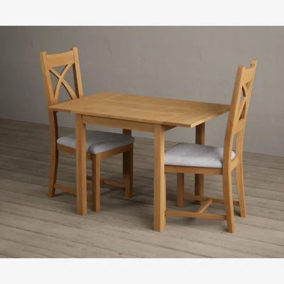 Oak&More Extending York 70cm Solid Oak Dining Table with 2 Light Grey Natural Solid Oak Chairs
