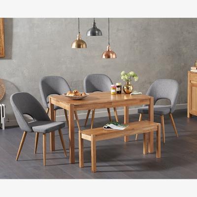 Oak&More York 150cm Solid Oak Dining Table With 2 Grey Hudson Fabric Chairs And 1 York Bench
