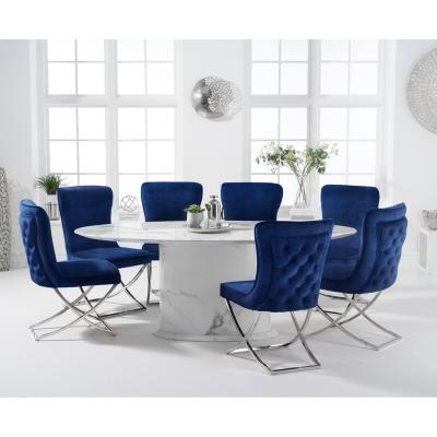 Oak&More Colby 200cm Oval White Marble Dining Table with Giovanni Velvet Chairs - Blue, 6 Chairs