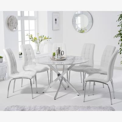 Oak&More Carter 120cm Round White Marble Table With 6 Ivory White Calgary Chairs