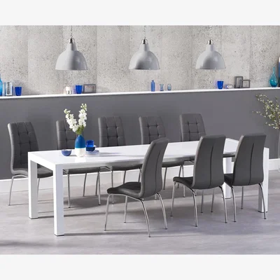 Oak&More Joseph Extending White High Gloss Dining Table With 6 Ivory White Calgary Chairs