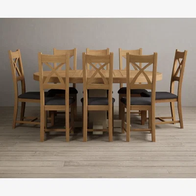 Oak&More Extending Helmsley Oak and Cream Painted Pedestal Dining Table with 8 Blue Natural Solid Oak Chairs