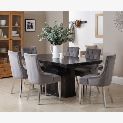 Oak&More Carvelle 160cm Black Pedestal Marble Dining Table with 6 Grey Sienna Chairs