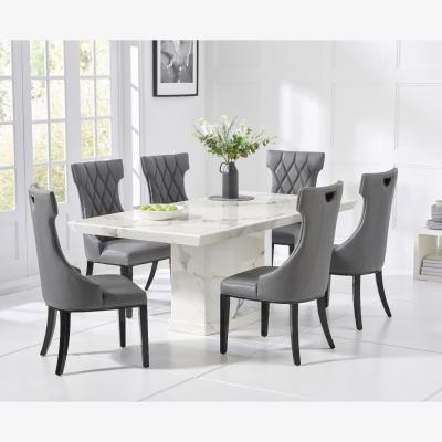 Oak&More Carvelle 200cm White Pedestal Marble Dining Table With 10 Grey Sophia Chairs