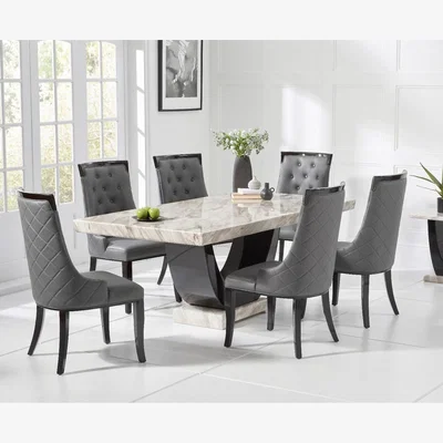 Oak&More Raphael 170cm Cream and Black Pedestal Marble Dining Table with 6 Grey Francesca Chairs