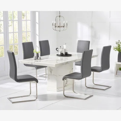 Oak&More Carvelle 200cm White Pedestal Marble Dining Table With 10 Black Malaga Chairs