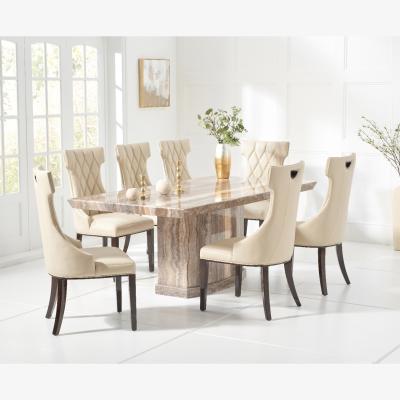 Oak&More Carvelle 160cm Brown Pedestal Marble Dining Table With 6 Grey Sophia Chairs