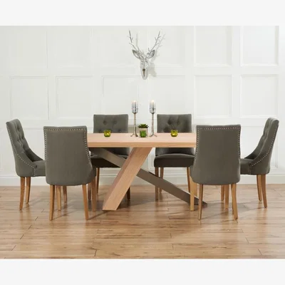 Oak&More Michigan 180cm Oak and Metal Industrial Dining Table With 8 Grey Beatrix Fabric Chairs