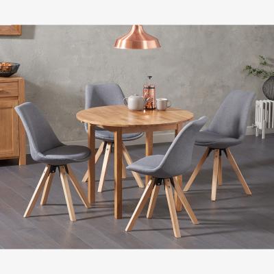 Oak&More Oxford 90cm Solid Oak Drop Leaf Extending Dining Table with Oscar Square Leg Fabric Chairs - Light Grey, 2 Chairs