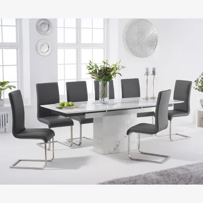 Oak&More Extending Savona 160cm White Marble Dining Table with 4 Grey Austin Chairs