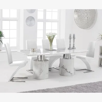 Oak&More Antonio 180cm White Marble Dining Table With 6 White Aldo Chairs