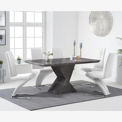 Oak&More Aaron 160cm Grey Marble Dining Table With 4 Black Aldo Chairs