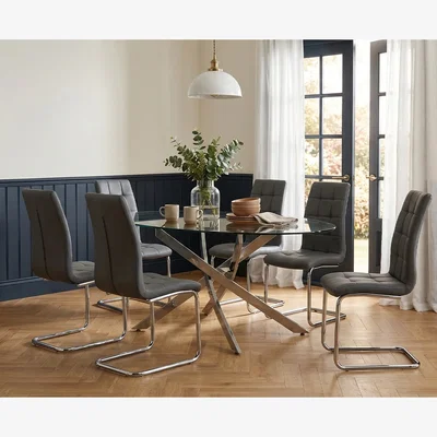 Oak&More Bernini 165cm Oval Glass Dining Table with 6 Grey Vigo Chairs
