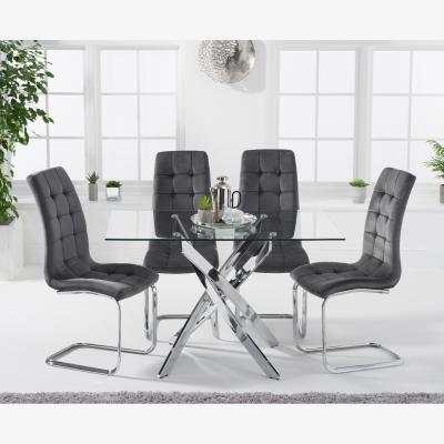 Oak&More Denver 120cm Rectangular Glass Dining Table With 6 Grey Lorin Velvet Chairs
