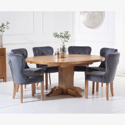 Oak&More Hemsley Solid Oak Extending Pedestal Dining Table With 4 Grey Keswick Velvet Chairs