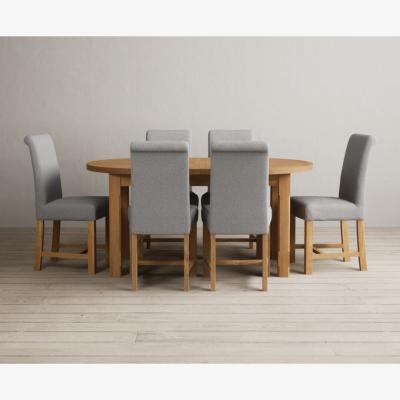 Oak&More Extending Caversham Oak Oval Dining Table with 8 Grey Scroll Back Chairs