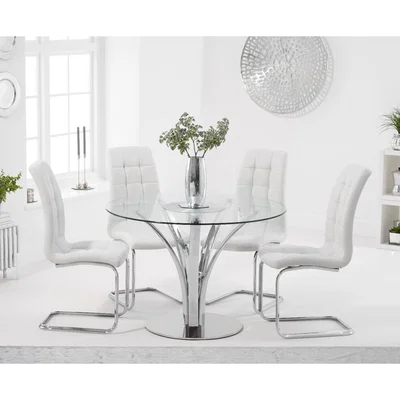 Oak&More Aria 110cm Glass Dining Table with Lorin Faux Leather Chairs - Grey, 4 Chairs