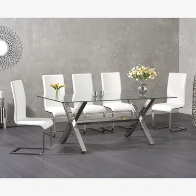 Oak&More Renzo 200cm Glass Dining Table With 8 White Malaga Chairs